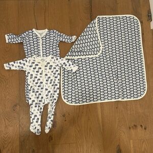 Roller Rabbit onesies and baby blanket